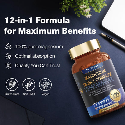 Totaria Magnesium Complex 700mg 12 in 1 Magnesium Supplement with Glycinate Citrate Malate Oxide Taurate Aspartate Orotate Magnesium Relaxation,Muscle,Heart Support, Vegan 120 Capsules
