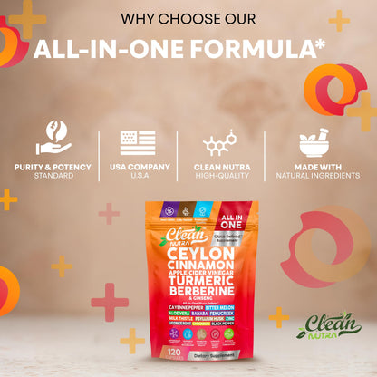 Clean Nutraceuticals Ceylon Cinnamon Capsules + Berberine Turmeric Apple Cider Vinegar Ginseng Bitter Melon (Karela) Gymnema Milk Thistle Fenugreek Supplement Pills Powder for Men & Women
