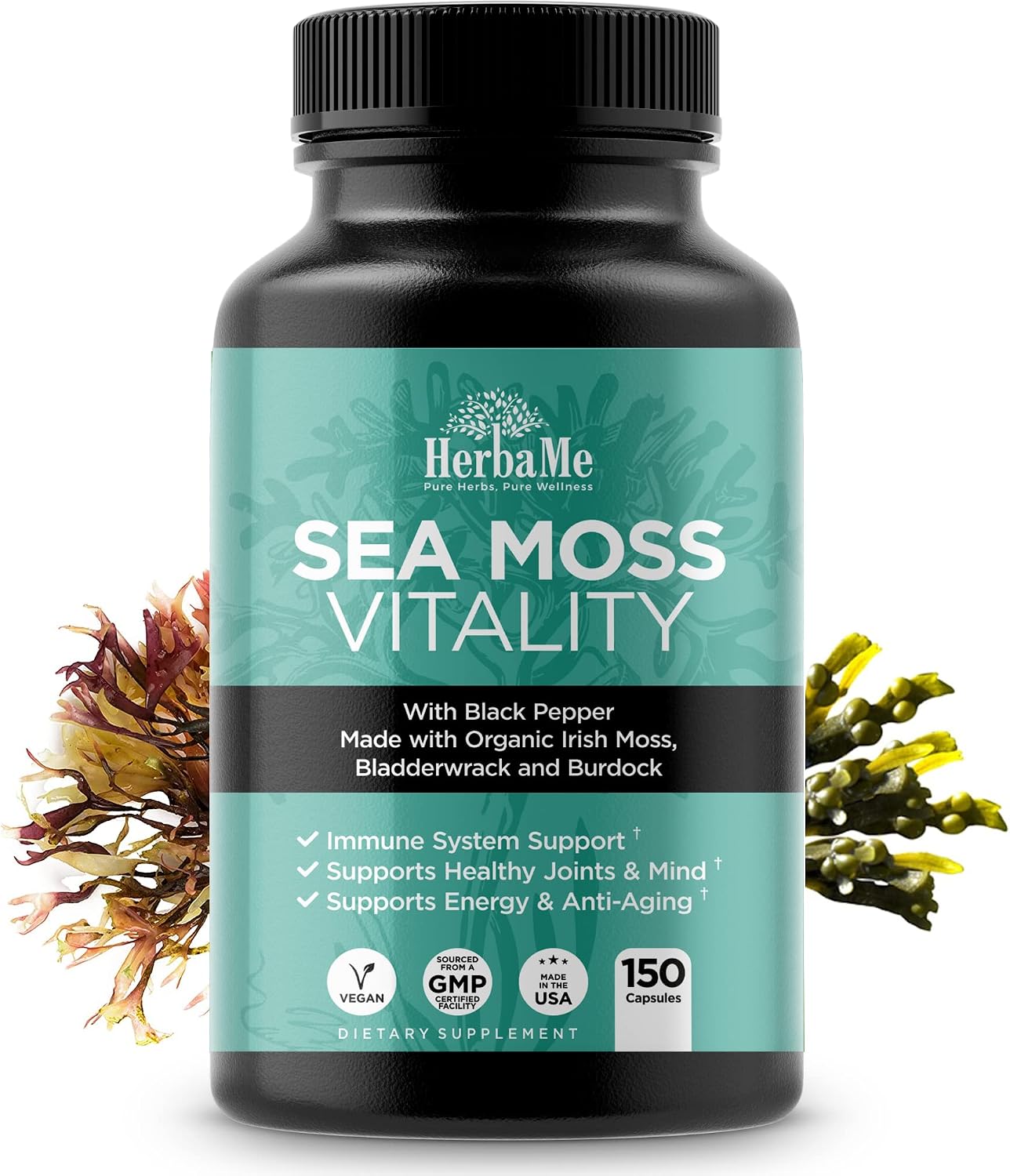 HerbaMe Organic Sea Moss Supplement with Bladderwrack & Burdock Root, Irish Moss with Black Pepper Extract, Daily Mineral Support for Energy & Wellness, Immune Support for Men & Women, 150 Capsules