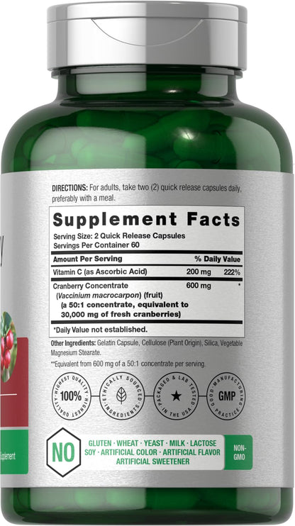 Horbäach Cranberry Concentrate Extract Pills + Vitamin C | 120 Capsules | Supplement for Women and Men | Triple Strength Ultimate Potency Formula | Non-GMO and Gluten Free