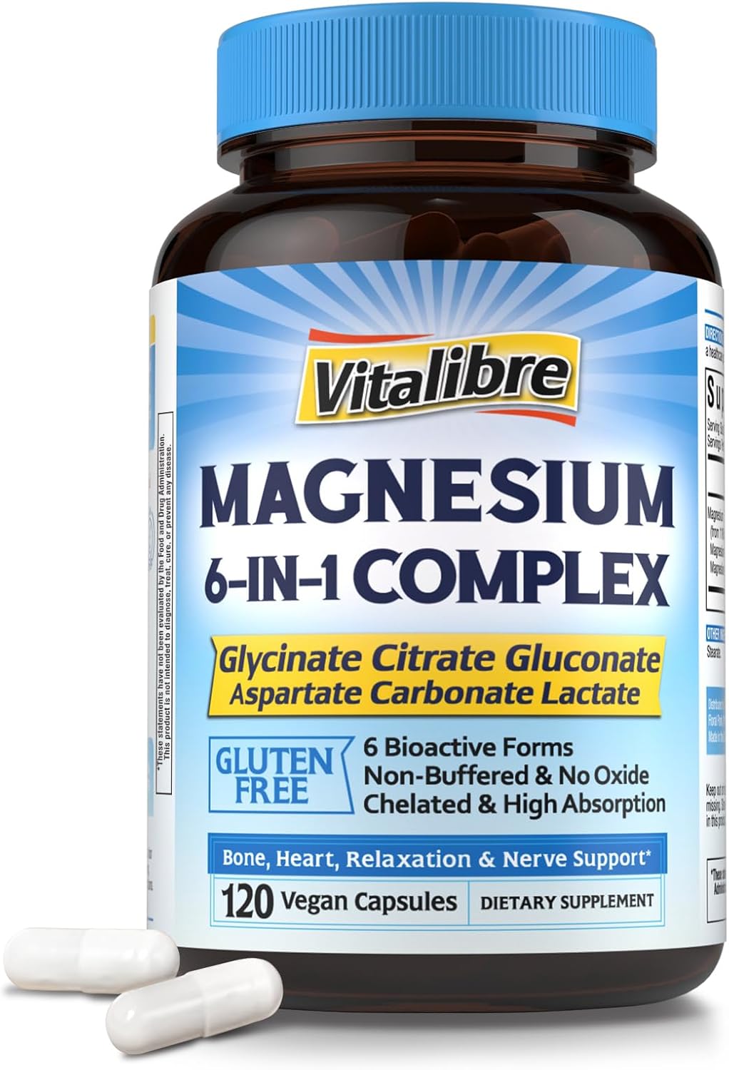 Vitalibre 6 in 1 Magnesium Complex for Women Men, 260mg Elemental Magnesium | Max Absorption | Chelated Magnesium Supplement for Bone, Relaxation & Nerves Support | Non-GMO, 120 Vegan Capsules