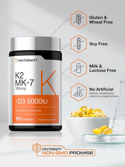 Horbäach Vitamin D3 K2 5000 iu | 100mcg MK-7 Complex | 180 Softgel Capsules | Non-GMO & Gluten Free Supplement