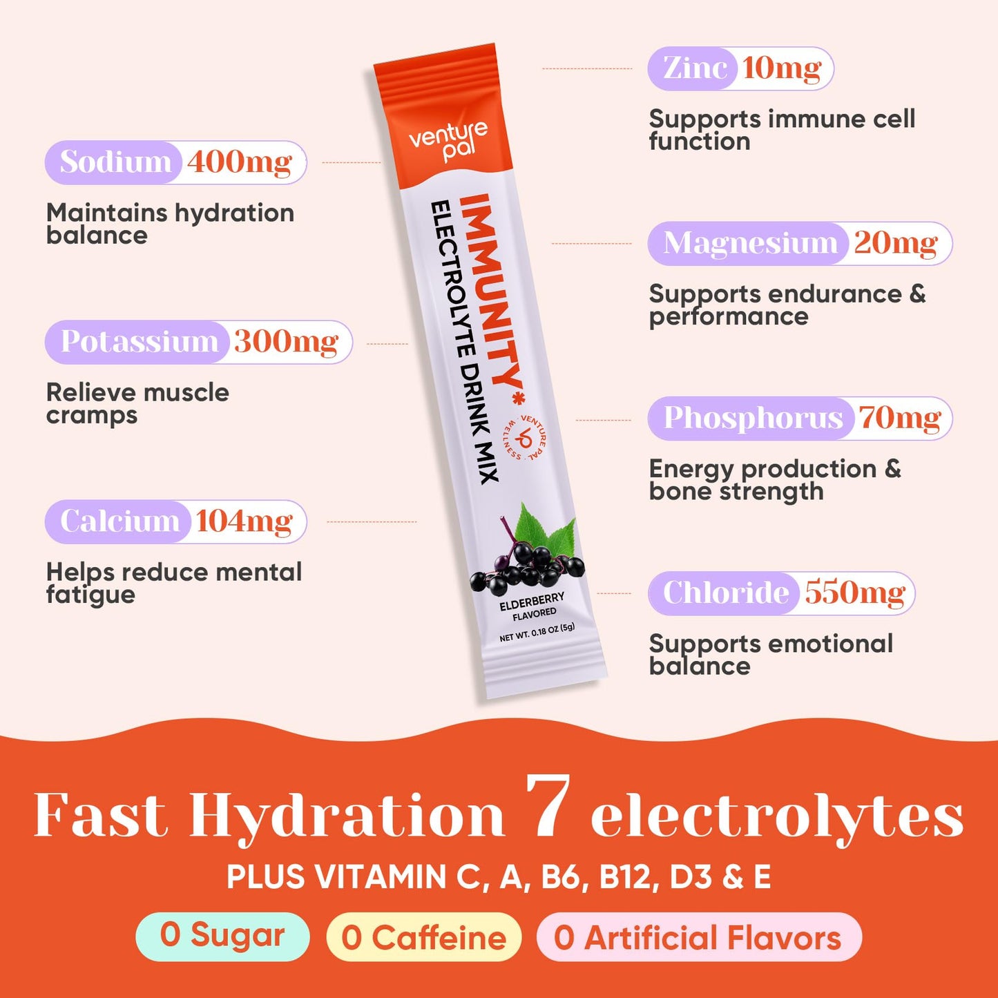 Venture Pal Sugar Free Hydration Packets+Immune-Liquid Daily IV Drink Mix | Electrolyte Powder with 7 Electrolytes & 6 Vitamins, Probiotics + Elderberry | Non-GMO, Keto Friendly, Vegan | 16 Sticks