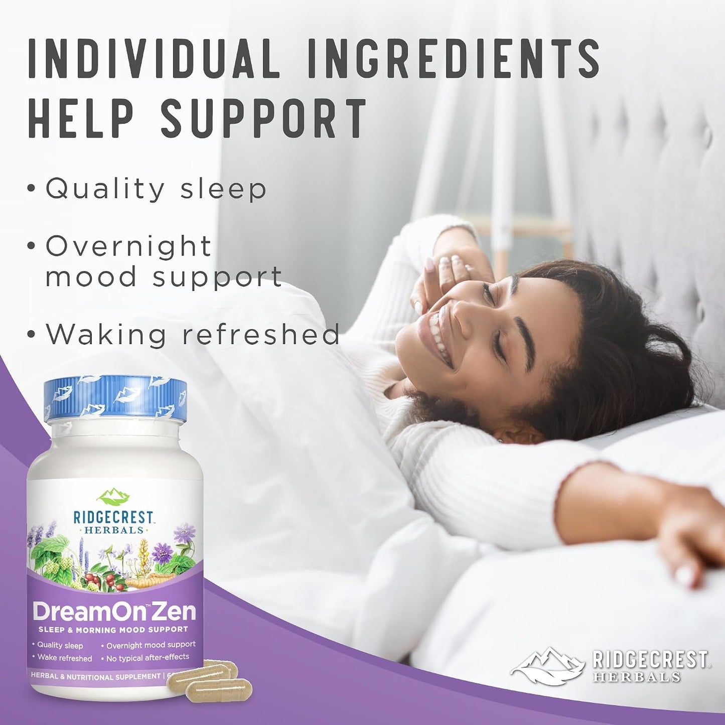 RidgeCrest Herbals DreamOn Zen Sleep Support, Melatonin Free 60 Ct | 30 Servings, Magnesium, 5-HTP, Lavender, Chamomile, Valerian, Lemon Balm, Calm and Rest Support for Ages 12 and Up