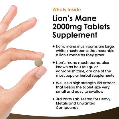 Lions Mane Mushroom Extract Supplement 2000mg - 180 High Strength Vegan Tablets
