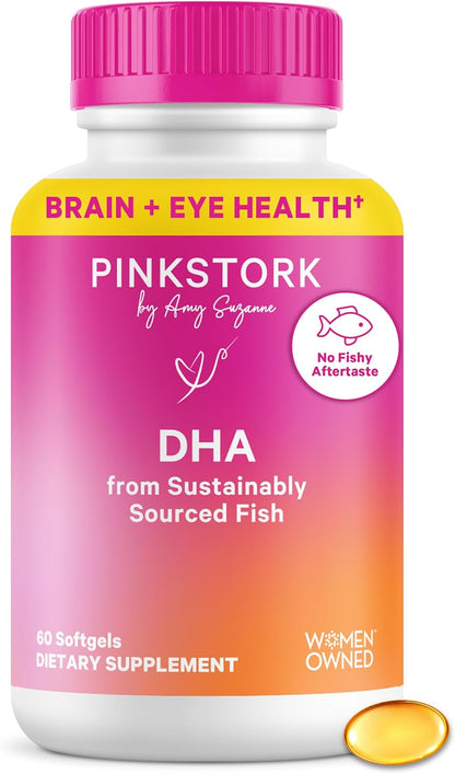 Pink Stork Omega-3 DHA - 540 mg Fish Oil Supplements with DHA and EPA, Prenatal and Postpartum Essentials for Cognitive Health + Fetal Development - 60 Softgels - Packaging May Vary