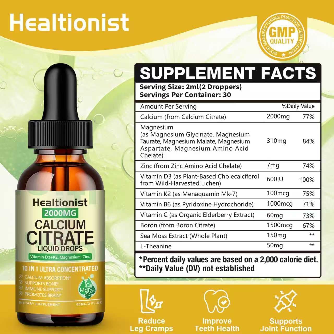 2 Packs 2000mg Calcium Citrate with Vitamin D3 K2 Supplements Liquid Drops for Women & Men, Magnesium, Zinc, High Absorption, Bone, Teeth, Muscle & Immune Support, 4 Fl oz