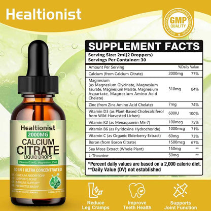 2 Packs 2000mg Calcium Citrate with Vitamin D3 K2 Supplements Liquid Drops for Women & Men, Magnesium, Zinc, High Absorption, Bone, Teeth, Muscle & Immune Support, 4 Fl oz