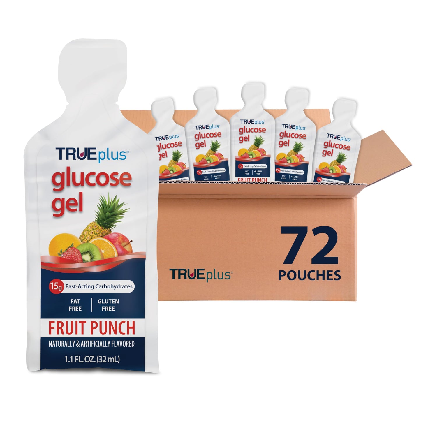 TRUEplus Glucose Gel Pouch, 15g Carbohydrates, Fruit Punch Flavor, 6 Pack | 15g Fast-Acting Carbohydrates Per Serving, Fat Free, Gluten Free, Boosts Energy, Great Tasting and Easy to Use
