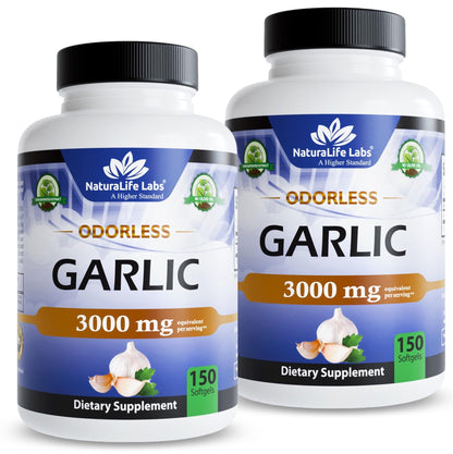 NaturaLife Labs Odorless Garlic – Concentrated 100:1 Garlic Extract with Olive Oil – 150 Softgels – Non-GMO, Gluten-Free