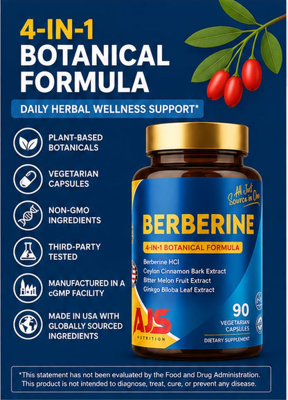 AJS Berberine HCl Supplement with Ceylon Cinnamon Bark, Bitter Melon Fruit