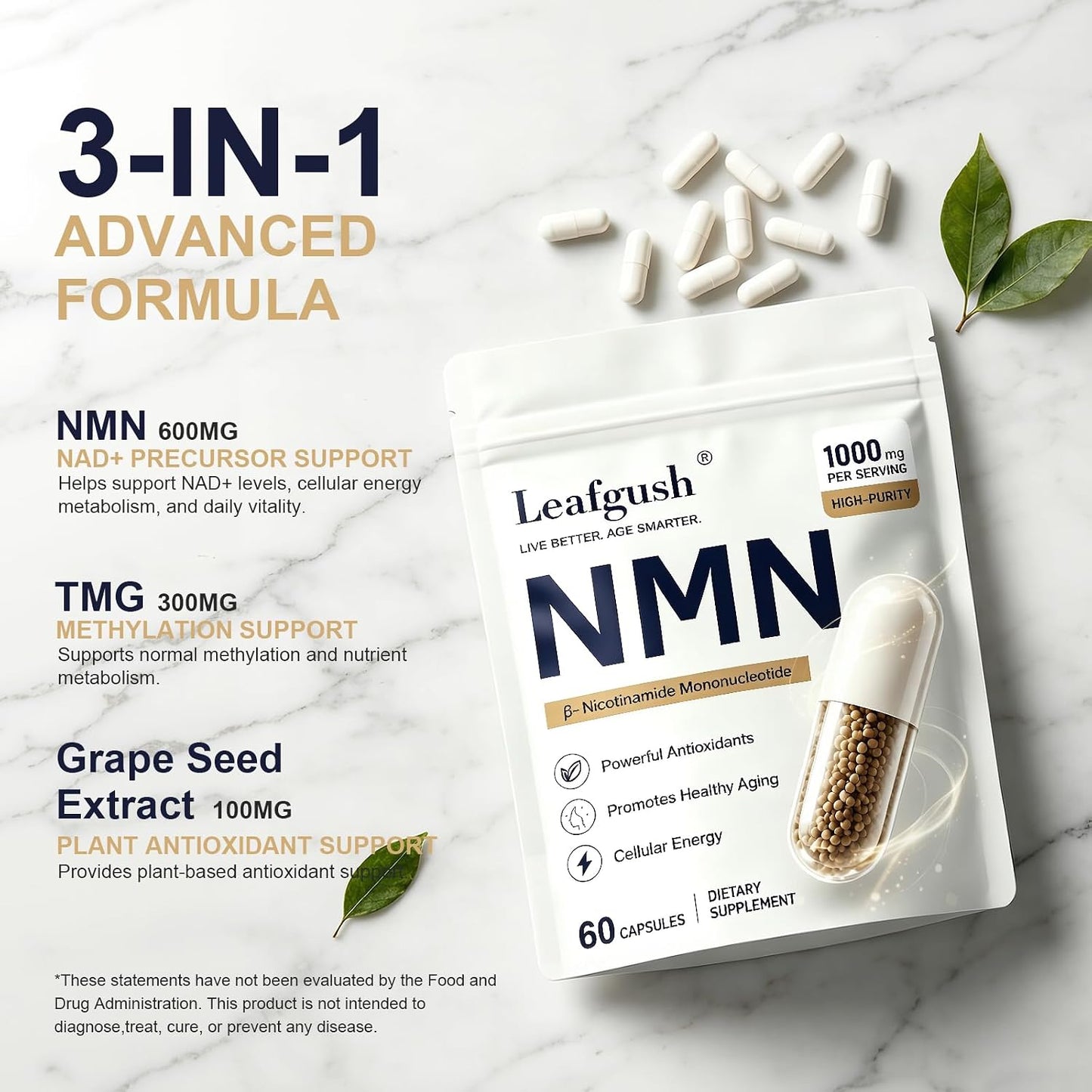 NMN Supplement 1000mg, NAD+ Precursor with TMG 300mg & Grape Seed Extract 100mg, Nicotinamide Mononucleotide for Cellular Energy, Healthy Aging Support, Advanced 3-in-1 Daily Formula