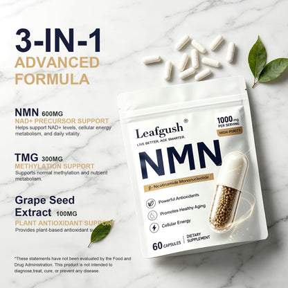 NMN Supplement 1000mg, NAD+ Precursor with TMG 300mg & Grape Seed Extract 100mg, Nicotinamide Mononucleotide for Cellular Energy, Healthy Aging Support, Advanced 3-in-1 Daily Formula