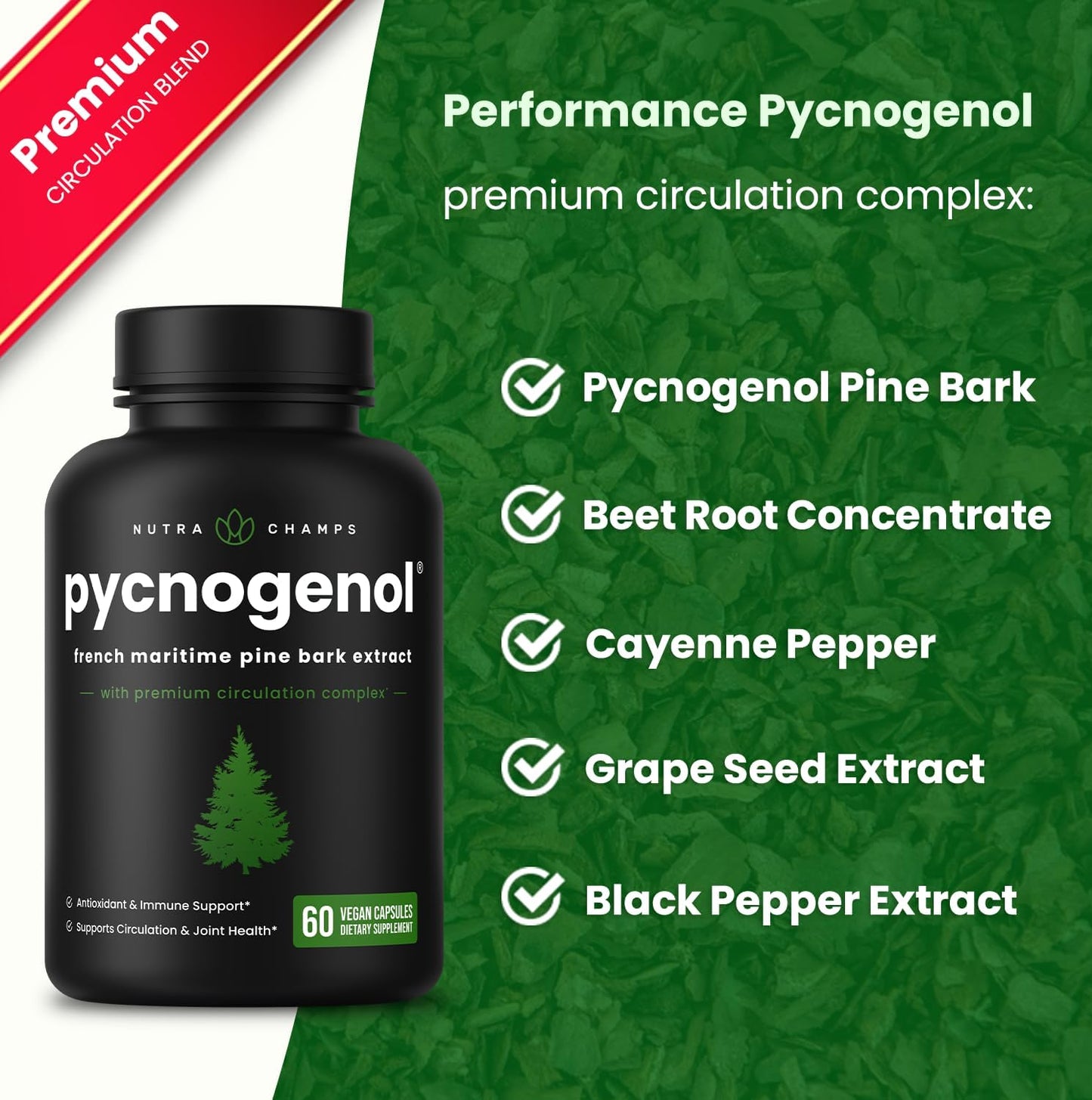 NutraChamps Pycnogenol French Maritime Pine Bark Extract, Premium Circulation Complex, Blood Flow, Nitric Oxide Production, Superior Absorption, Results with Black Pepper Extract, 60 Capsules