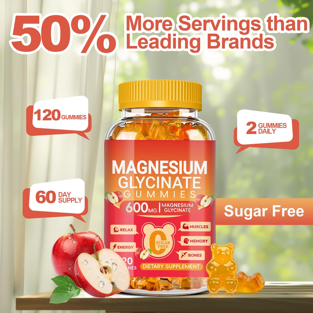 Magnesium Glycinate Gummies 600mg, Sugar Free Magnesium Gummies for Adults