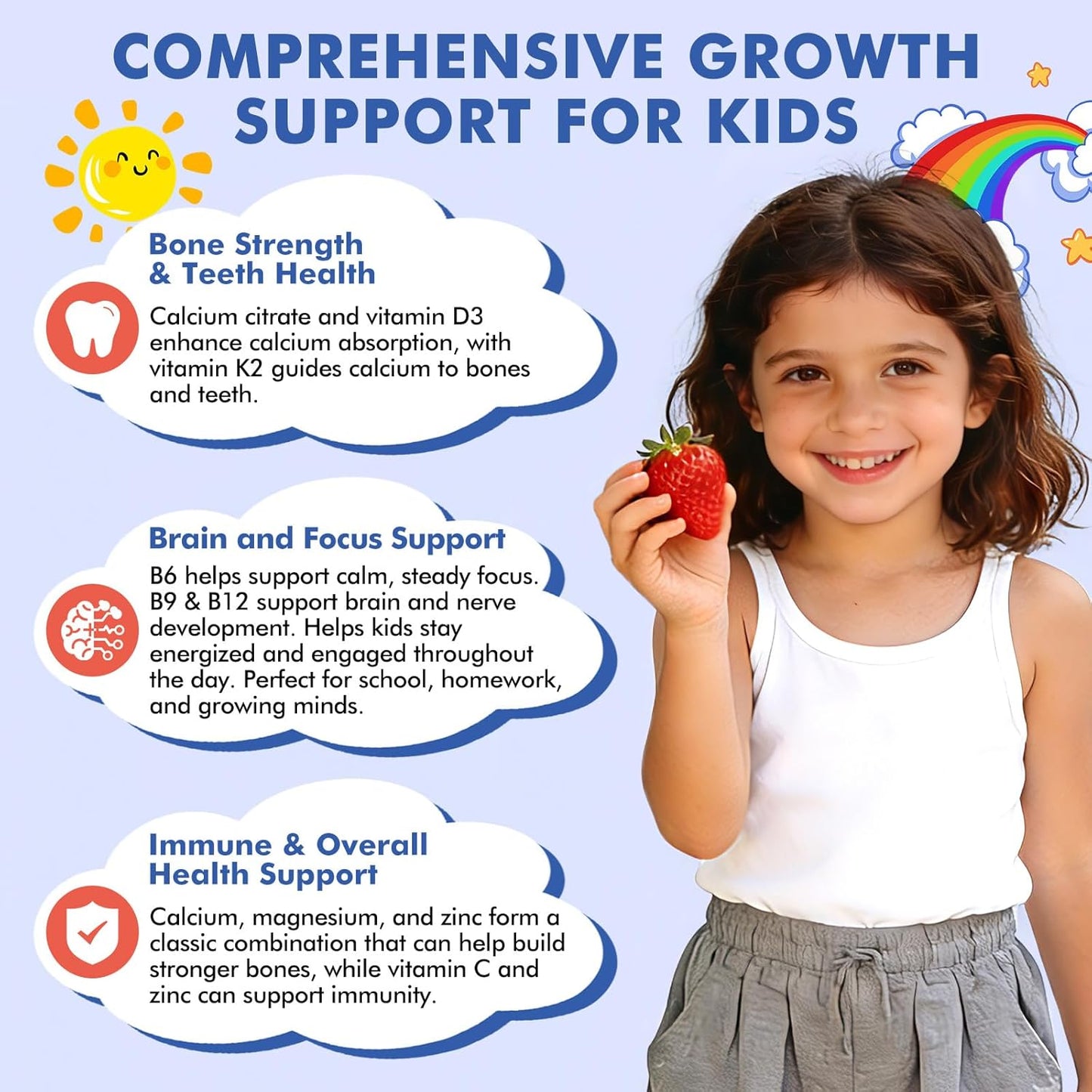 Kids Calcium Citrate Gummies with Vitamin D3 Supplement, Calcium Citrate 300/600 mg with Magnesium Zinc & Multivitamin for Kids 4+ & Teens, Support Bone Muscle & Digestive Health, Sugar Free, 60ct