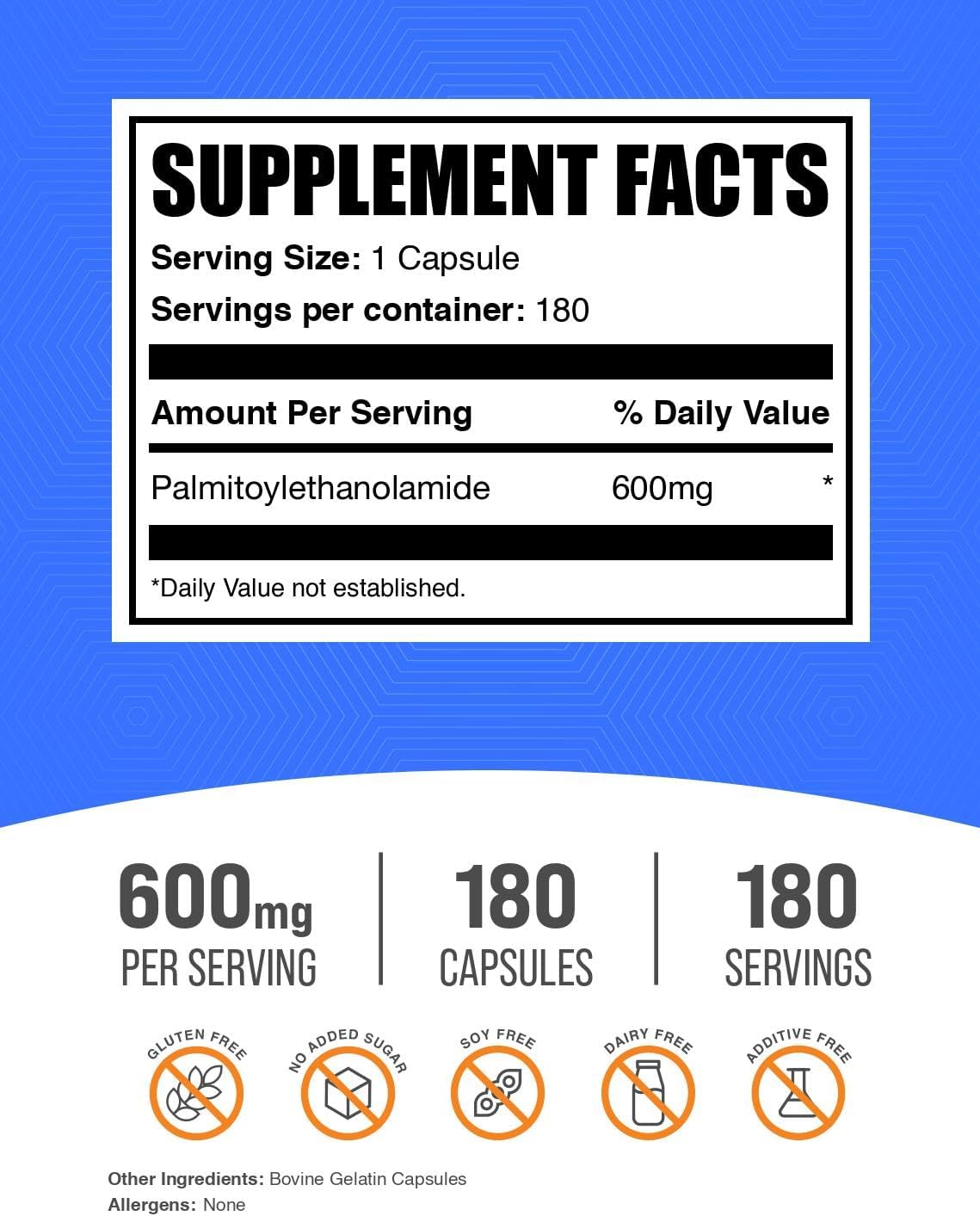 BulkSupplements.com Palmitoylethanolamide Capsules - Pea Supplement, Palmitoylethanolamide 600mg for Immmune Support - Gluten Free, 1 Capsule per Serving, 180 Capsules (Pack of 1)