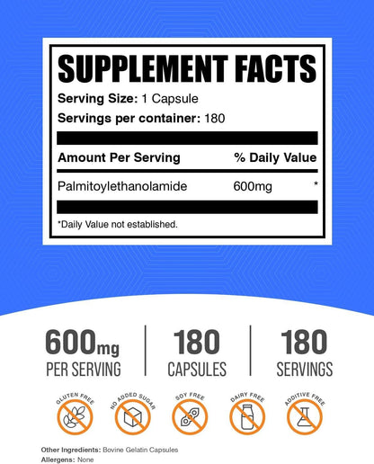 BulkSupplements.com Palmitoylethanolamide Capsules - Pea Supplement, Palmitoylethanolamide 600mg for Immmune Support - Gluten Free, 1 Capsule per Serving, 180 Capsules (Pack of 1)