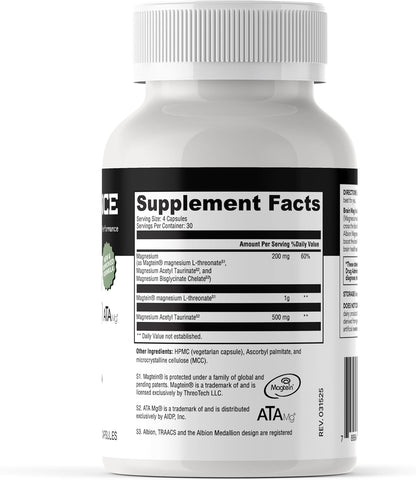 Magnesium L-Threonate + Mag Acetyl-Taurate (ATA Mag) + Mag Glycinate | Promotes Cognitive Well-Being, Enhanced Memory, Mental Clarity and Overall Brain Function | 120 Capsules