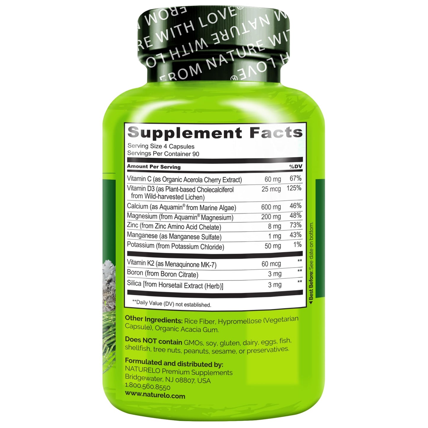 NATURELO Calcium Supplement - with Vitamin C, Vitamin D3, K2, and Calcium Magnesium Zinc for Bone Strength with Calcium 600mg - Plant-Based, 120 Vegetarian Capsules, Non-GMO, Soy & Gluten-Free