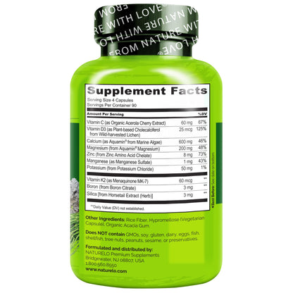 NATURELO Calcium Supplement - with Vitamin C, Vitamin D3, K2, and Calcium Magnesium Zinc for Bone Strength with Calcium 600mg - Plant-Based, 120 Vegetarian Capsules, Non-GMO, Soy & Gluten-Free