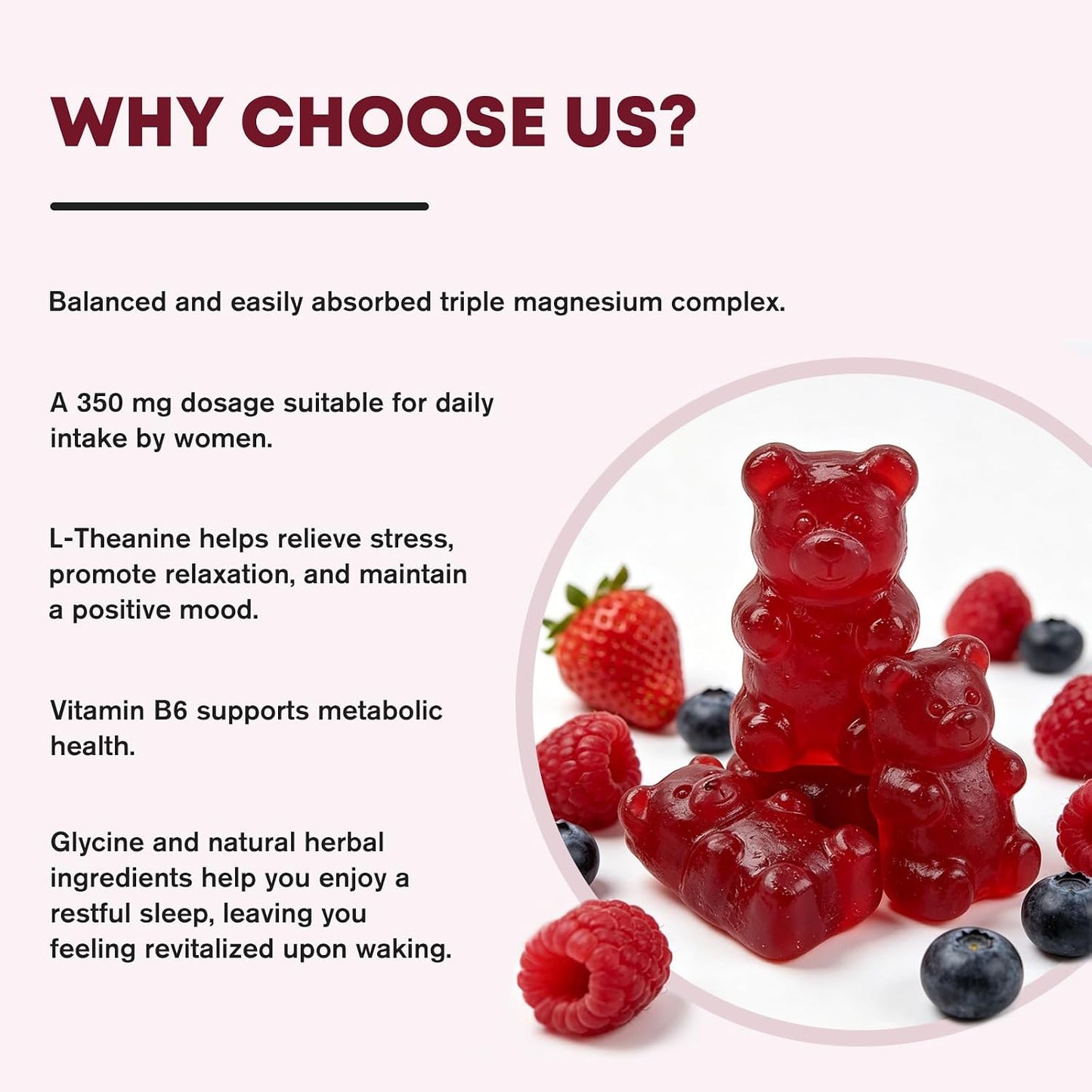 Magnesium Complex Gummies for Women, Triple Magnesium Complex with Glycinate, Malate, Taurate, Magnesium Complex 350 mg with L-theanine & Glycine for Relax, Sleep, Immune Support, Sugar Free, 60 Ct