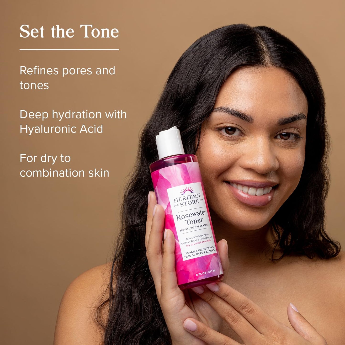 Heritage Store Rosewater Facial Toner with Hyaluronic Acid, Dry to Combination Skin Care, Hydrating Toner Refines Pores & Minimizes the Appearance of Fine Lines & Wrinkles, Alcohol Freeǂ, Vegan, 8oz