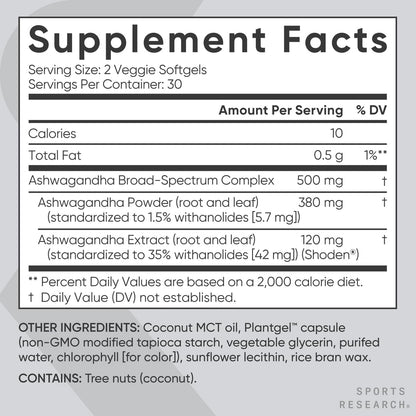 Sports Research® Ashwagandha Softgels with Coconut MCT Oil - Natural Adaptogen Made with Shoden® Ashwa for Relaxation, Calm & Sleep Support - Gluten Free & Vegan Friendly - 60 Count