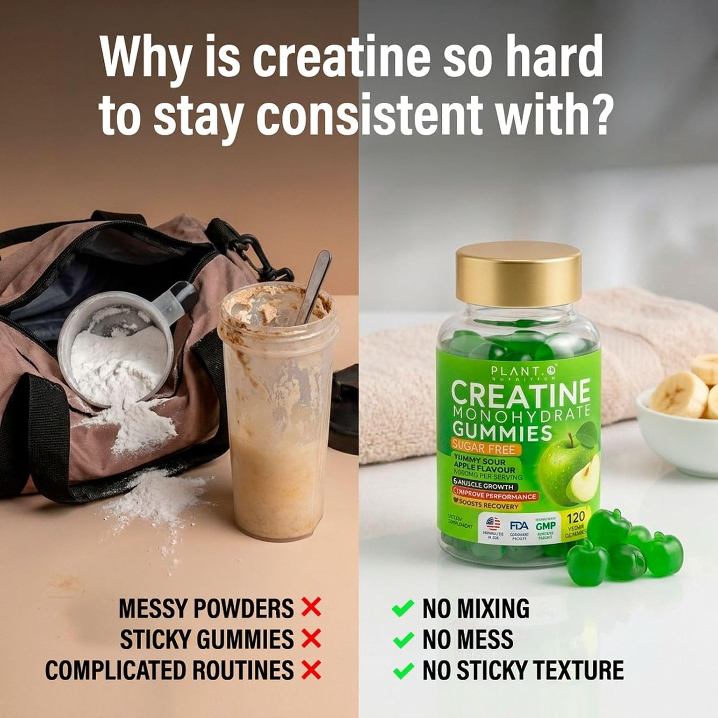 Creatine Monohydrate Gummies Sugar Free – 5000mg (5g) Per Serving (4 Gummies), 120 Count – Crisp Sour Green Apple Flavor – No Mixing – Vegan Creatine Gummies for Men & Women, Non-GMO, Gluten Free