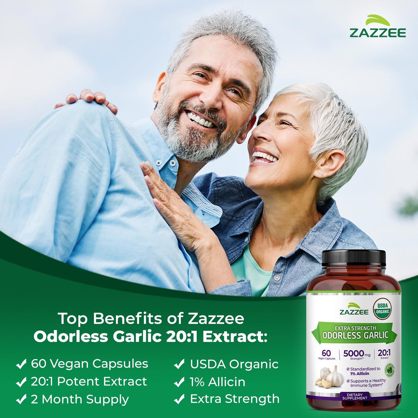 Zazzee USDA Organic Odorless Garlic 20:1 Extract, 1% Allicin, 100 Vegan Capsules, 3+ Month Supply, Allium Sativum, Immune, Circulation & Heart Health Support, All-Natural, Non-GMO, Made in the USA