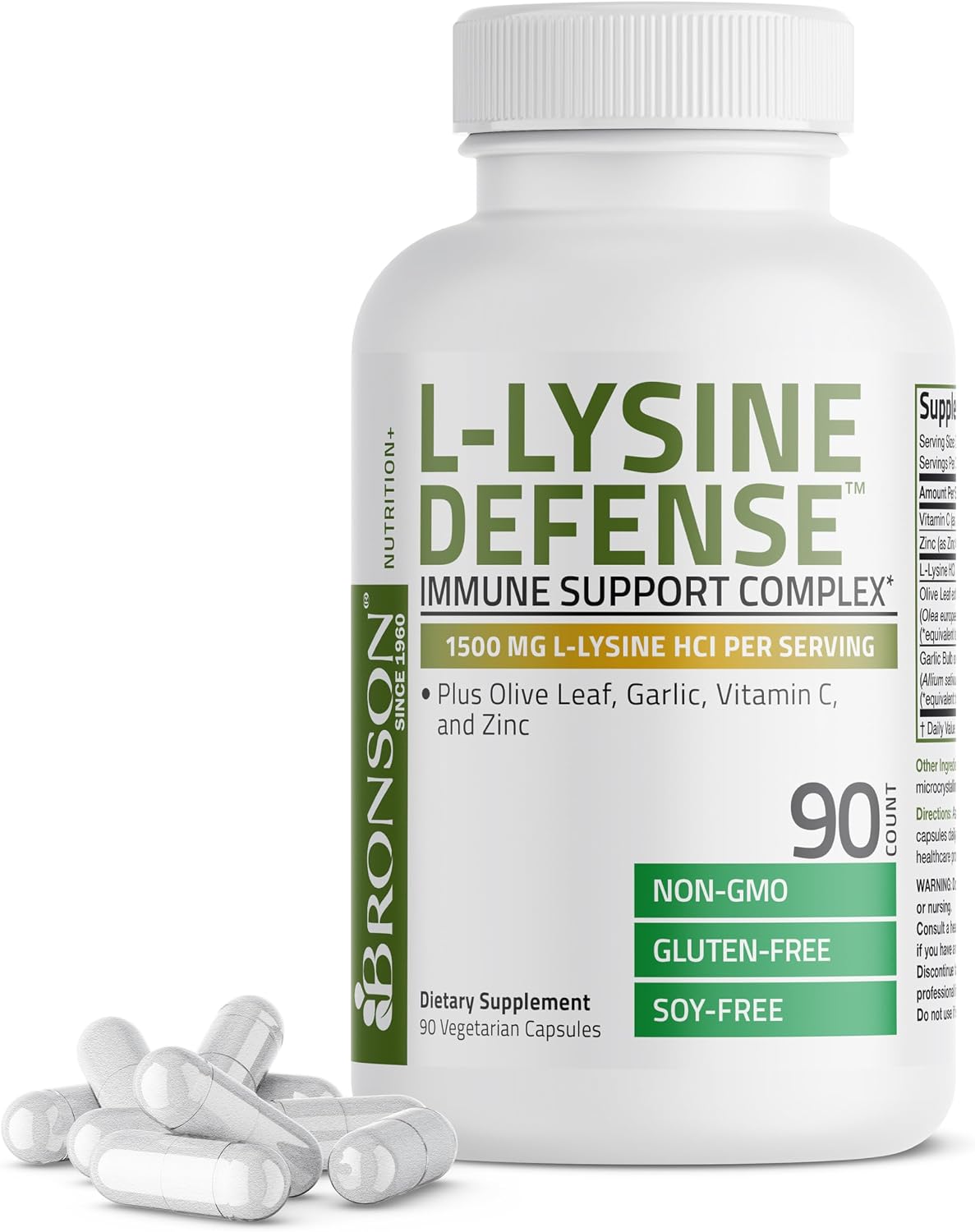 Bronson L-Lysine Defense Immune Support Complex, 1500 mg, 90 Capsules | Essential Amino Acid with Olive Leaf, Garlic, Vitamin C & Zinc, Vegetarian, Non-GMO, Gluten-Free & Soy-Free