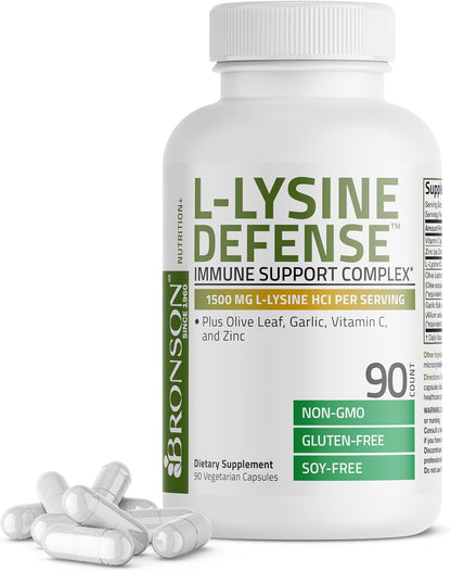 Bronson L-Lysine Defense Immune Support Complex, 1500 mg, 90 Capsules | Essential Amino Acid with Olive Leaf, Garlic, Vitamin C & Zinc, Vegetarian, Non-GMO, Gluten-Free & Soy-Free