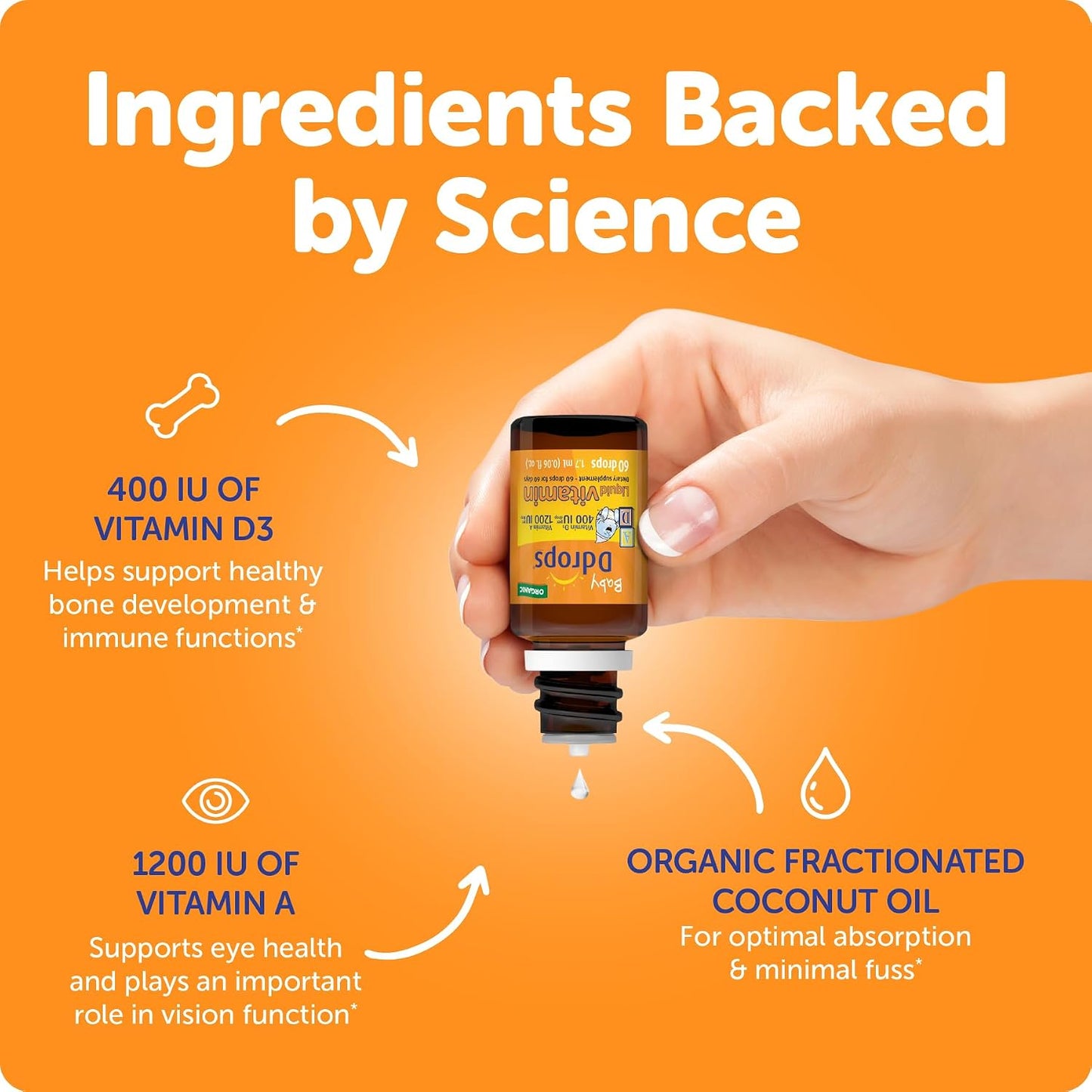 Ddrops® Baby Organic Liquid Vitamins A&D Drops for Infants, 60 Drops. Supports Babies’ Eye Health, Bone Development and Immune Function. Certified Organic, Non-GMOs, Allergy-Friendly