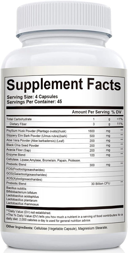 Migcopat Psyllium Husk Fiber Capsules, Fiber Supplement with Prebiotic Probiotic & Digestive Enzymes, Slippery Elm & Aloe Vera, Supports Gut Health & Regularity for Women & Men - 180 Capsules