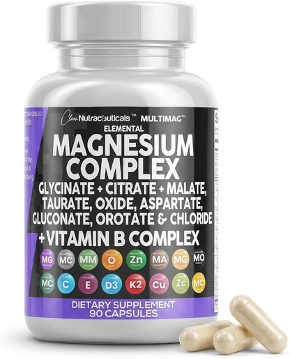 Clean Nutraceuticals Magnesium Complex with Magnesium Glycinate Citrate Malate Oxide Taurate Aspartate Orotate & Mag Chloride, Zinc Copper Manganese & Vitamin C B1 B2 B6 B12 Complex - 1Pack