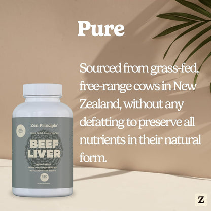 Zen Principle Ultra-Pure Desiccated Beef Liver, Grass-Fed & Finished New Zealand, No Hormones or GMOs, Natural Energy & Workout Support with Iron, Amino Acids & Vitamins. 360 Capsules.
