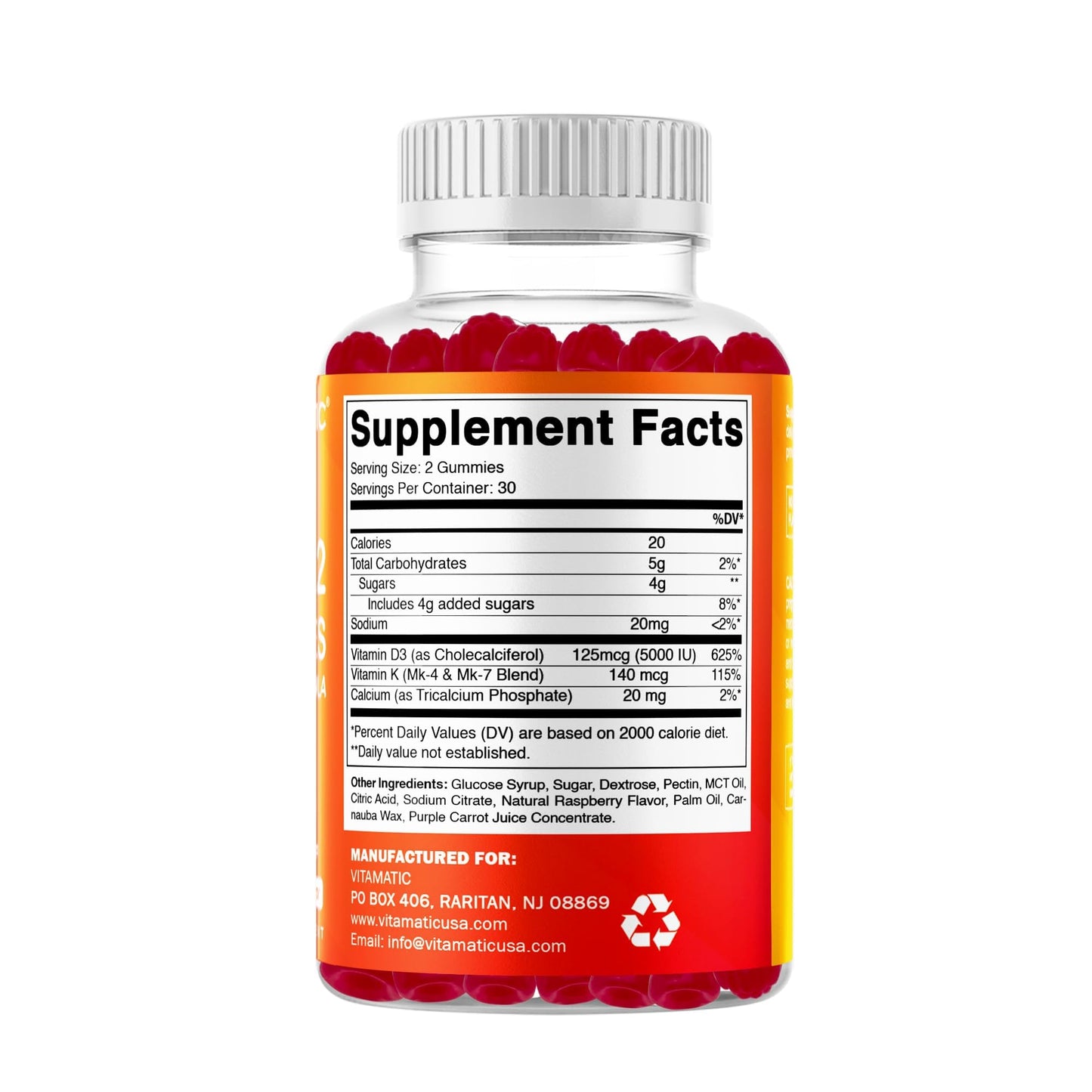 Vitamatic Vitamin D3 + K2 Gummies 60 Count - 2 Pack | D-3 5000 IU + Vitamin K 140mcg for Bone Heart & Immune Support, Pectin-Based, Non-GMO, Gluten-Free