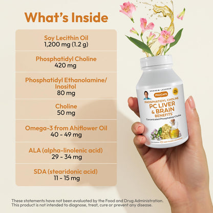 Andrew Lessman ProCaps PC Liver & Brain Benefits 360 Softgels | Phosphatidyl Choline with Ahiflower Oil supports acetylcholine production, memory, focus & healthy liver function.