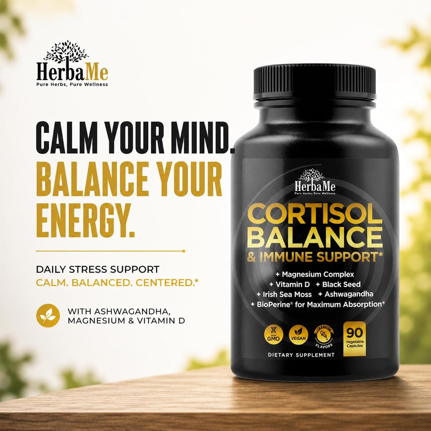 HerbaMe Stress Support Supplement for Calm Mood & Balanced Energy – Supports Healthy Cortisol Levels & Nervous System Function – Ashwagandha, Magnesium, Vitamin D, Black Seed, Sea Moss, 90 Capsules