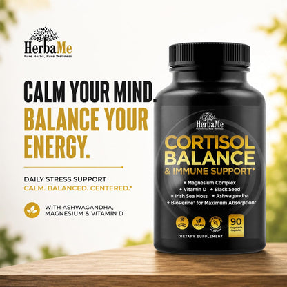 HerbaMe Stress Support Supplement for Calm Mood & Balanced Energy – Supports Healthy Cortisol Levels & Nervous System Function – Ashwagandha, Magnesium, Vitamin D, Black Seed, Sea Moss, 90 Capsules
