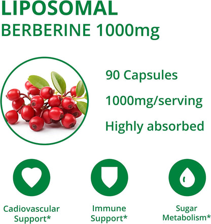 UpNourish Liposomal Berberine Supplement - Advanced Berberine HCl 1000mg Plus Ceylon Cinnamon, Chromium Picolinate, Curcuminoids, Resveratrol, Green Tea and Yerba Mate - 90 Vegan Capsules