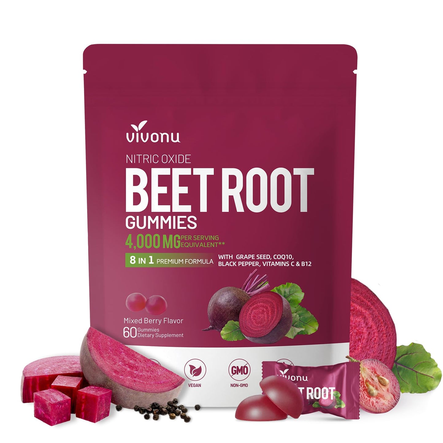 VivoNu Beet Root Gummies 8-in-1 Premium Energy Supplement with CoQ10, Beetroot Extract, Grape Seed Extract, Black Pepper Extract, Vitamins C & B12, L-Arginine & L-Citrulline