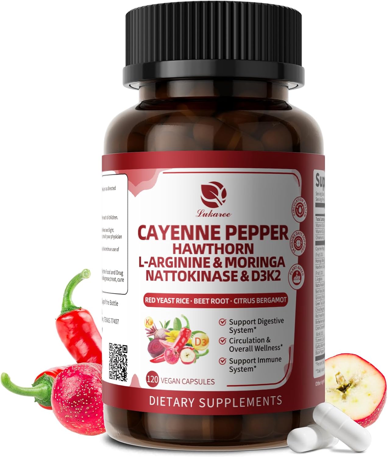 Cayenne Pepper Enteric-Coated Capsules for Circulation, Heart & Digestion* | 18 in 1 Concentrated Complex w/ Nutrient Beet Root, Hawthorn, L-Arginine & D3K2 - for Women and Men - Natural | GMP, 120 Ct