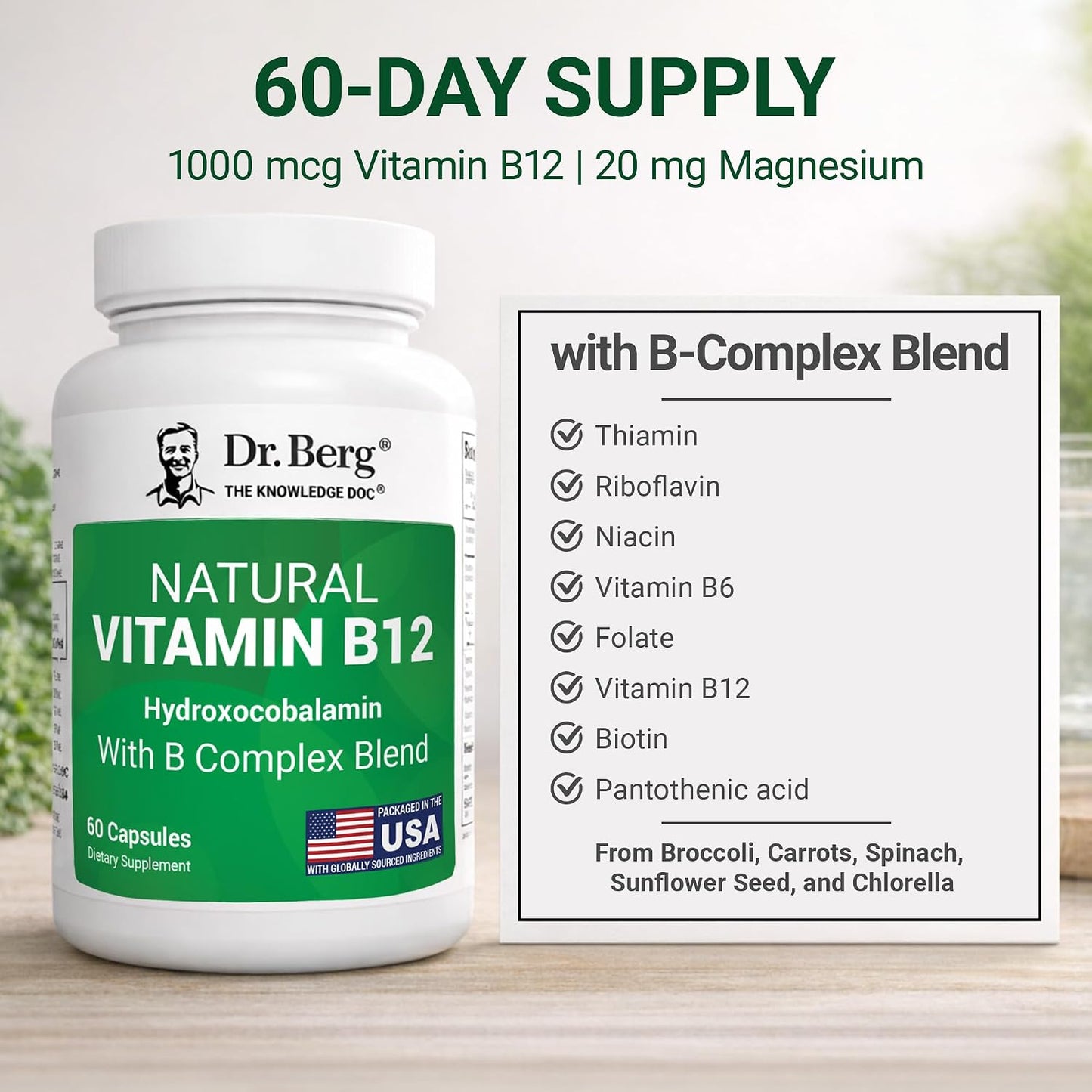 Dr. Berg Natural Vitamin B12 1000 mcg (Hydroxocobalamin) 60 Capsules – Energy, Brain & Nervous System Support* – w/B-Complex + Magnesium – 4X Lab Tested, GMO-Free, No Fillers