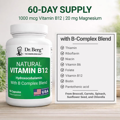Dr. Berg Natural Vitamin B12 1000 mcg (Hydroxocobalamin) 60 Capsules – Energy, Brain & Nervous System Support* – w/B-Complex + Magnesium – 4X Lab Tested, GMO-Free, No Fillers