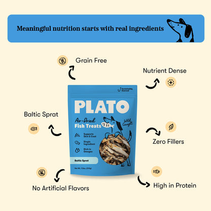 Plato Pet Treats Fish Dog Treats - Air-Dried, Single Ingredient Pet Treat - Omega 3 & 6 Fatty Acids to Support Skin and Coat - 100% Whole Fish - Wild Caught Baltic Sprat - 3 oz - 2 Pack