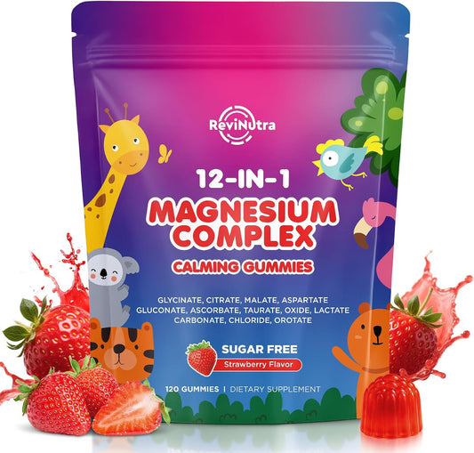 Magnesium Complex 700mg - 12 in 1 Magnesium Gummies with Glycinate, Citrate, Malate, Oxide, Taurate, Aspartate, Orotate - Supports Relaxation, Muscle & Heart - Sugar Free Strawberry 120 Count
