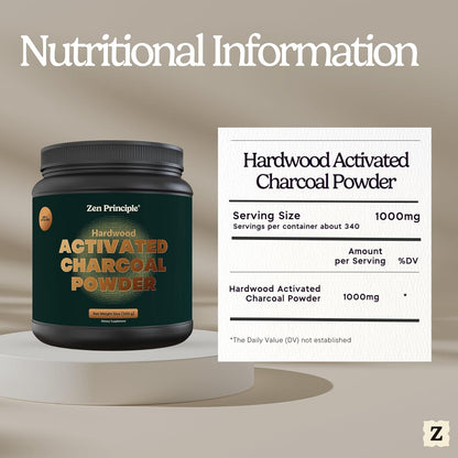 Zen Principle Activated Charcoal Powder only from USA Hardwood Trees. All Natural. Whitens Teeth, Rejuvenates Skin and Hair, Supports Better Digestion. Free Scoop Included. 12 oz.