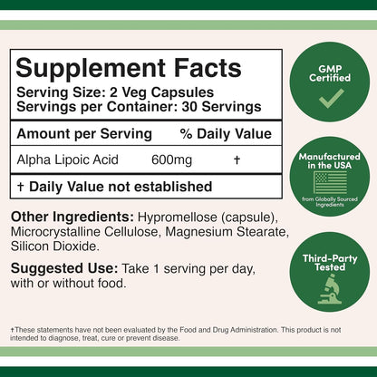 Alpha Lipoic Acid 600mg per Serving, 60 Capsules (Third Party Tested, Non-GMO, Gluten Free, Vegan Safe) Cellular Energy Support (ALA Supplement) by Double Wood