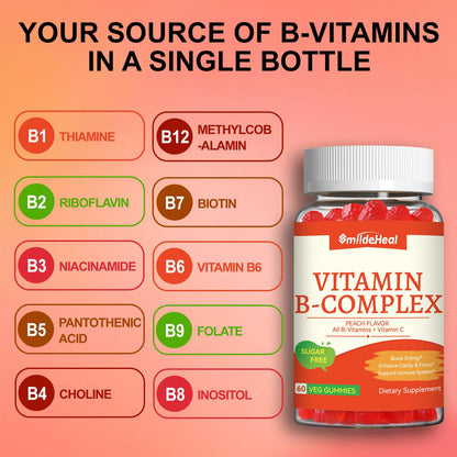 Vitamin B Complex Gummies for Women & Men - All B Complex & B12 - 60 Gummy | Vitamin B12, B1, B2, B3, B5, B6, B7 & B9 with Vitamin C & Choline - Energy & Immune Support* - Vegan, Peach Flavor